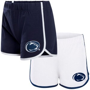navy and white women's old school minis shorts with Penn State Athletic Logo